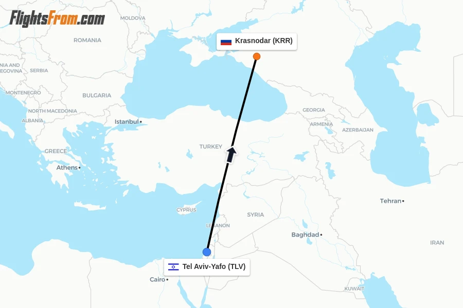 Flights from Tel Aviv-Yafo to Krasnodar route map