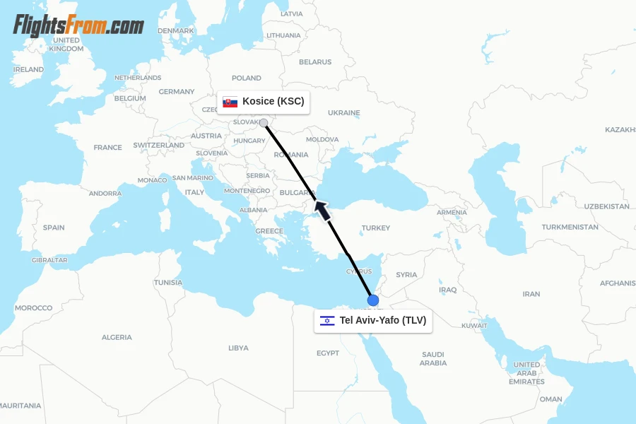 Flights from Tel Aviv-Yafo to Kosice route map