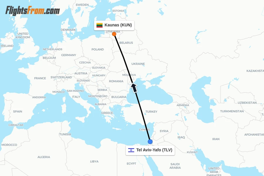 Flights from Tel Aviv-Yafo to Kaunas route map