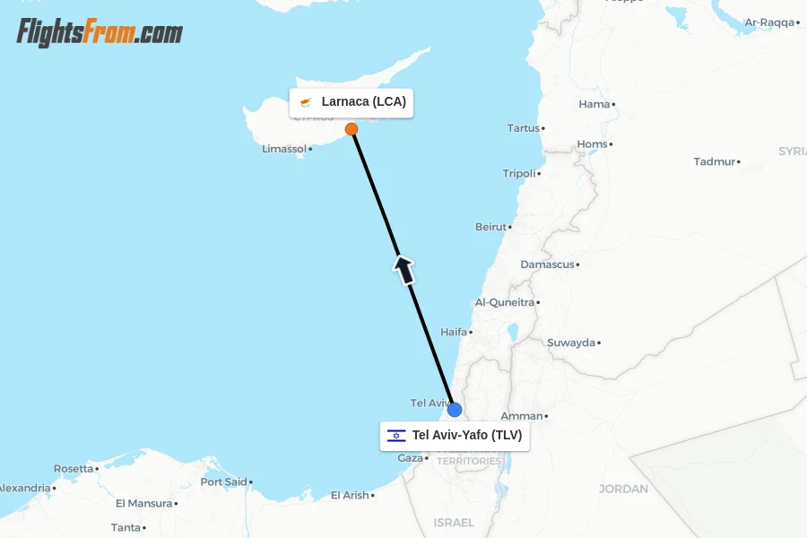 Flights from Tel Aviv-Yafo to Larnaca route map