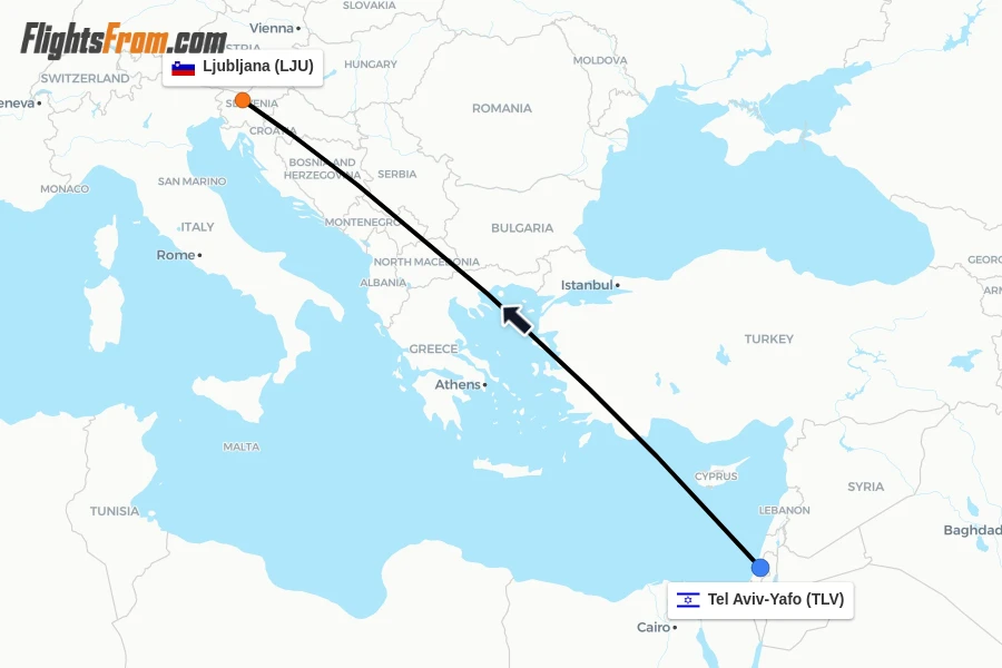 Flights from Tel Aviv-Yafo to Ljubljana route map