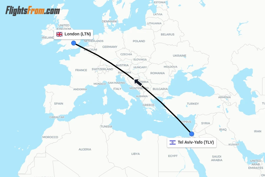 Flights from Tel Aviv-Yafo to London route map