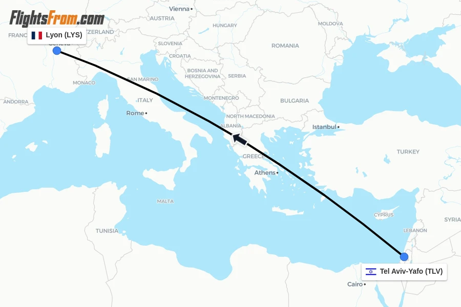 Flights from Tel Aviv-Yafo to Lyon route map