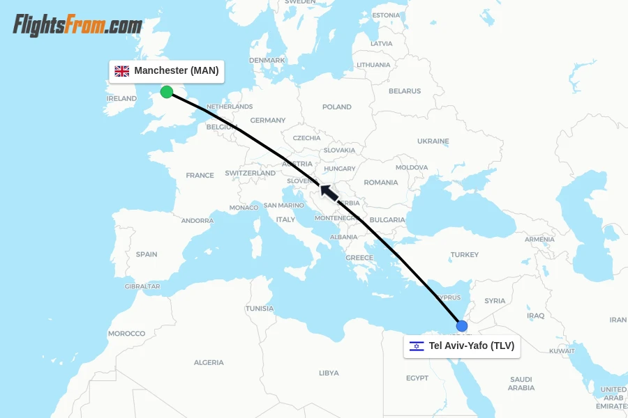 Flights from Tel Aviv-Yafo to Manchester route map