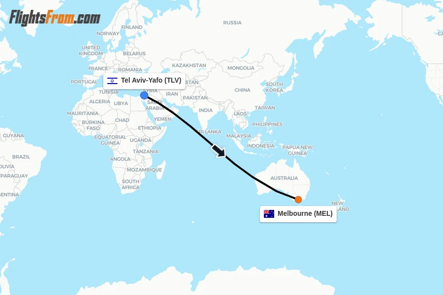 Flights from Tel Aviv-Yafo to Melbourne route map