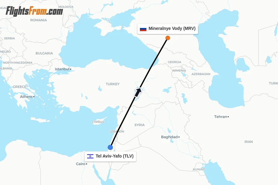 Flights from Tel Aviv-Yafo to Mineralnye Vody route map