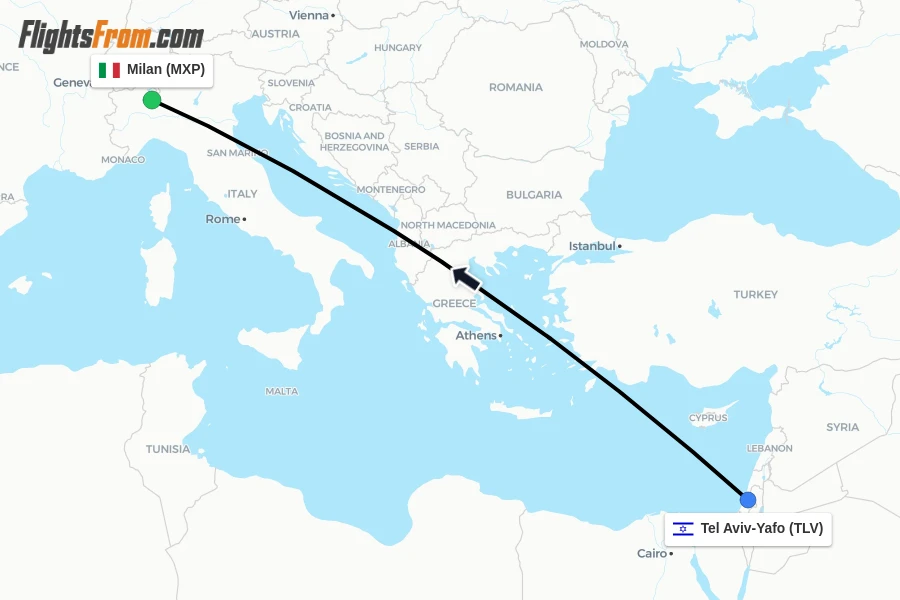 Flights from Tel Aviv-Yafo to Milan route map