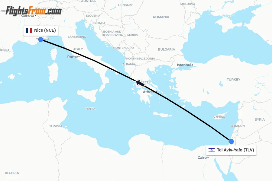 Flights from Tel Aviv-Yafo to Nice route map