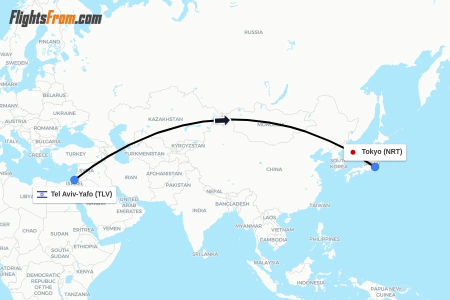 Flights from Tel Aviv-Yafo to Tokyo route map