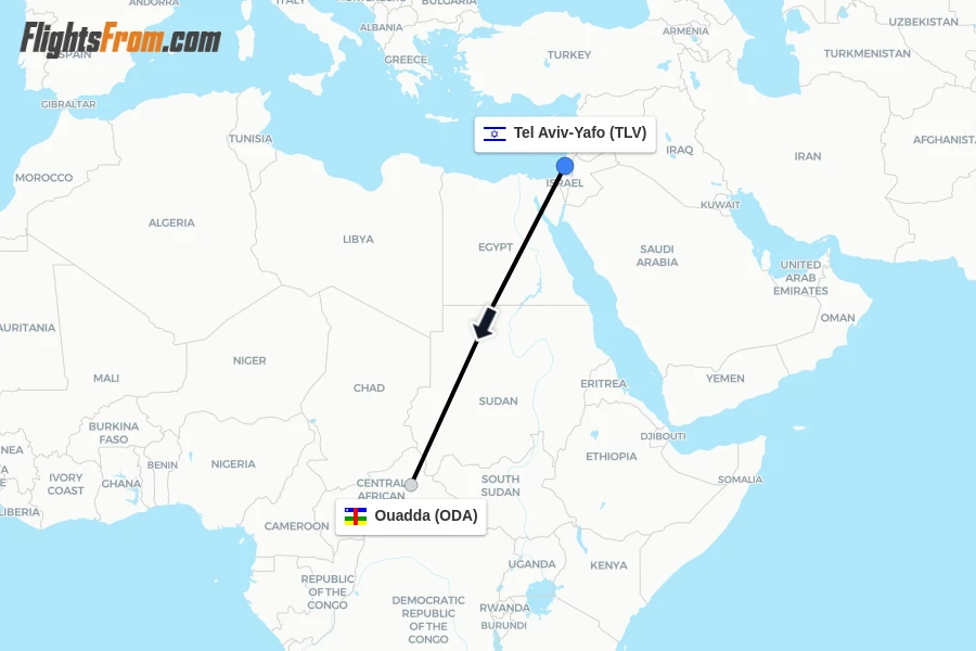 Flights from Tel Aviv-Yafo to Ouadda route map