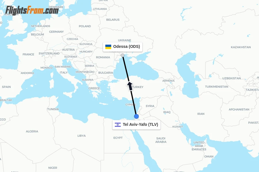 Flights from Tel Aviv-Yafo to Odessa route map