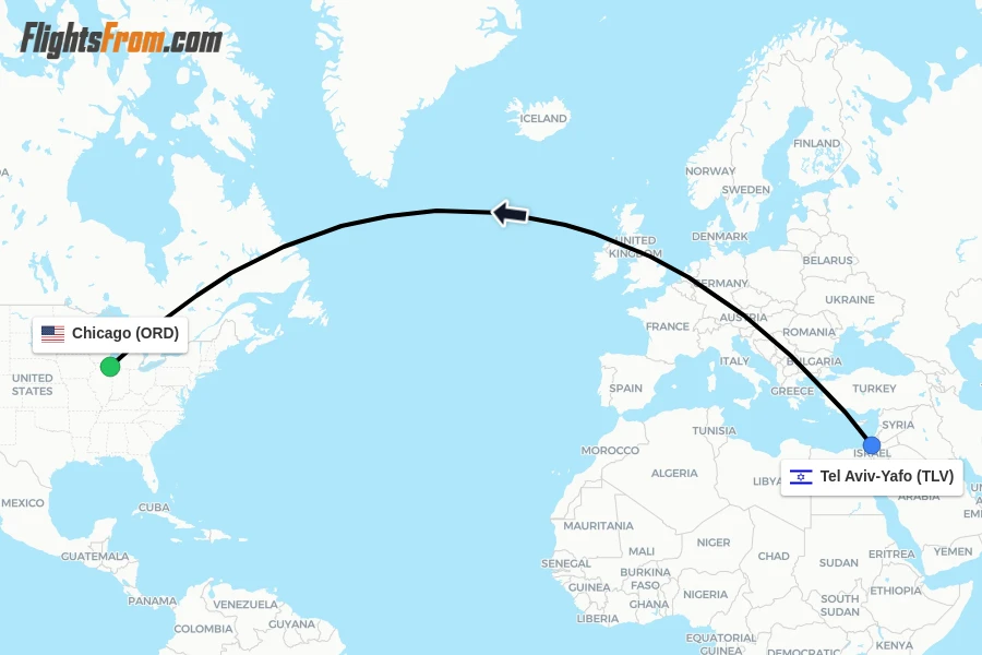 Flights from Tel Aviv-Yafo to Chicago route map