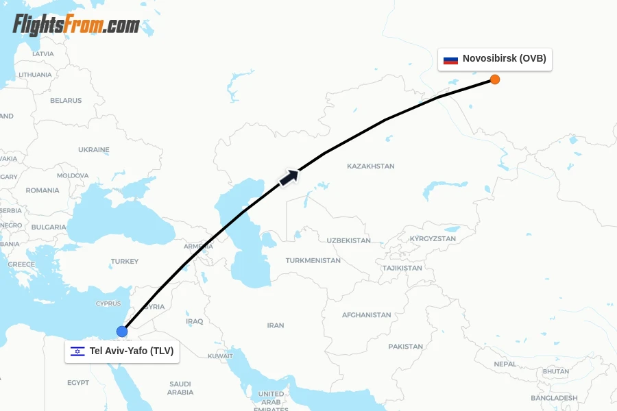 Flights from Tel Aviv-Yafo to Novosibirsk route map