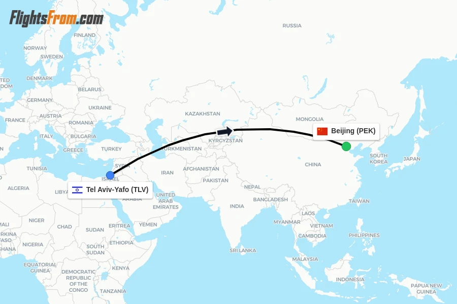 Flights from Tel Aviv-Yafo to Beijing route map