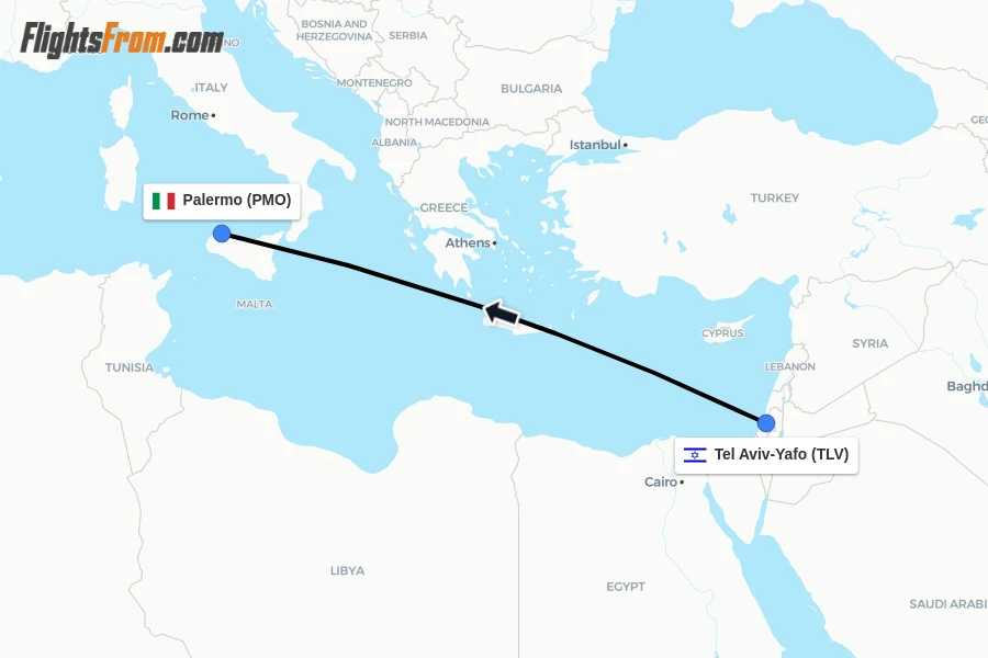Flights from Tel Aviv-Yafo to Palermo route map
