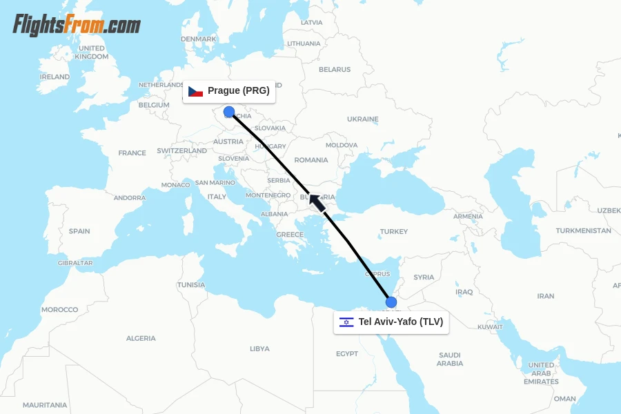 Flights from Tel Aviv-Yafo to Prague route map