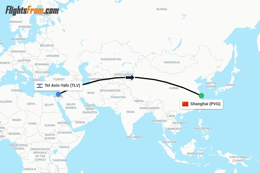 Flights from Tel Aviv-Yafo to Shanghai route map