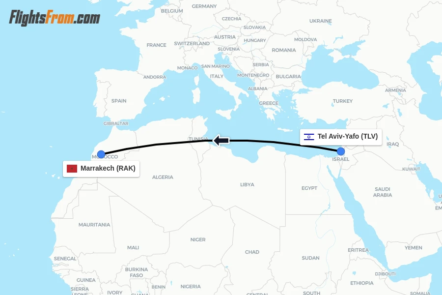 Flights from Tel Aviv-Yafo to Marrakech route map