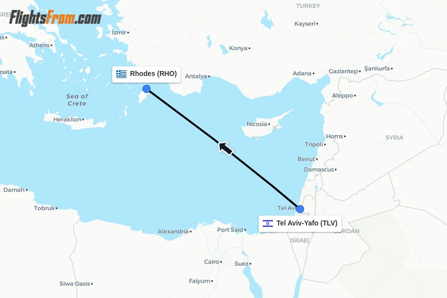 Flights from Tel Aviv-Yafo to Rhodes route map