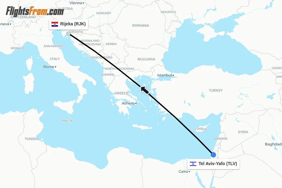 Flights from Tel Aviv-Yafo to Rijeka route map