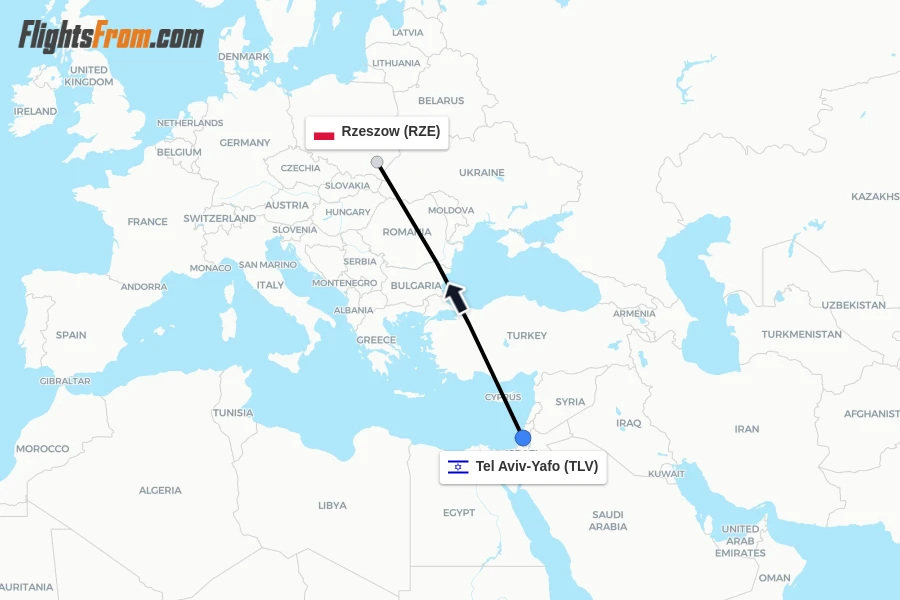 Flights from Tel Aviv-Yafo to Rzeszow route map