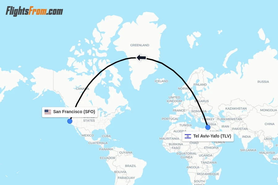 Flights from Tel Aviv-Yafo to San Francisco route map