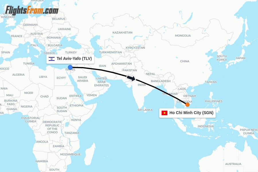 Flights from Tel Aviv-Yafo to Ho Chi Minh City route map