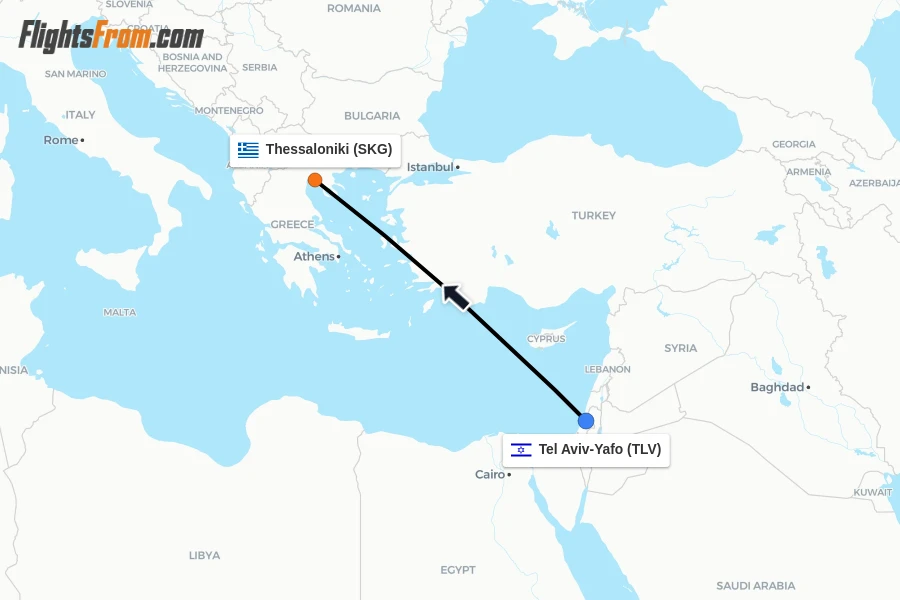 Flights from Tel Aviv-Yafo to Thessaloniki route map