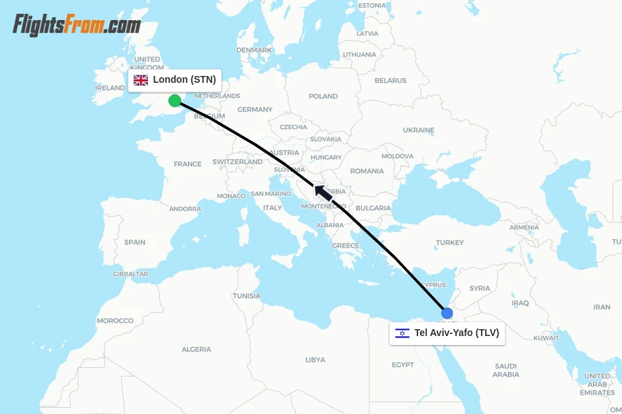 Flights from Tel Aviv-Yafo to London route map