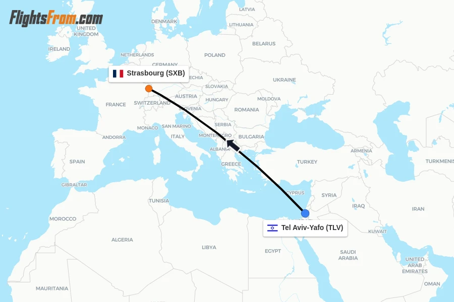 Flights from Tel Aviv-Yafo to Strasbourg route map