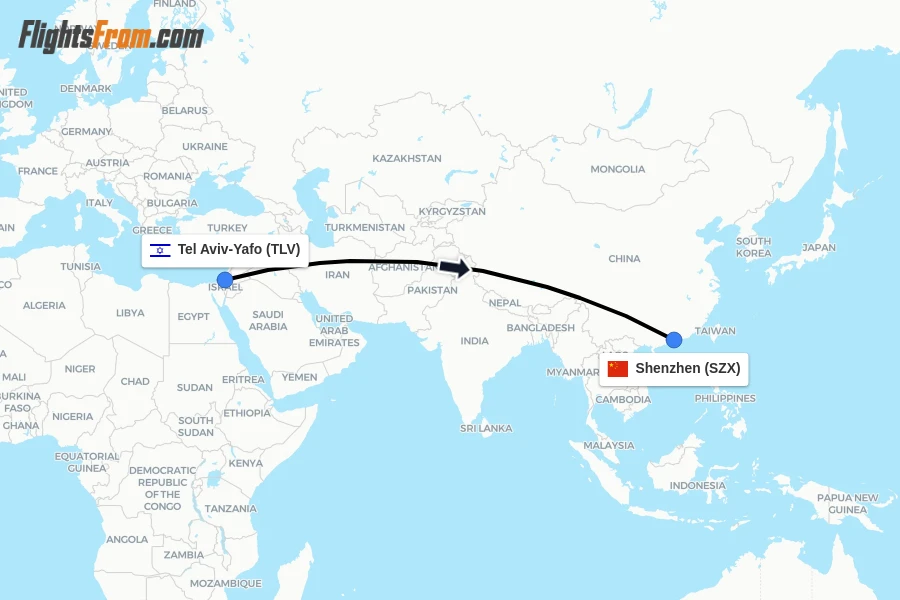 Flights from Tel Aviv-Yafo to Shenzhen route map