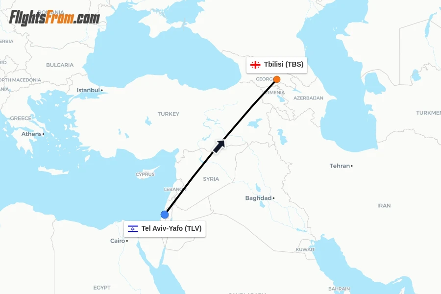 Flights from Tel Aviv-Yafo to Tbilisi route map