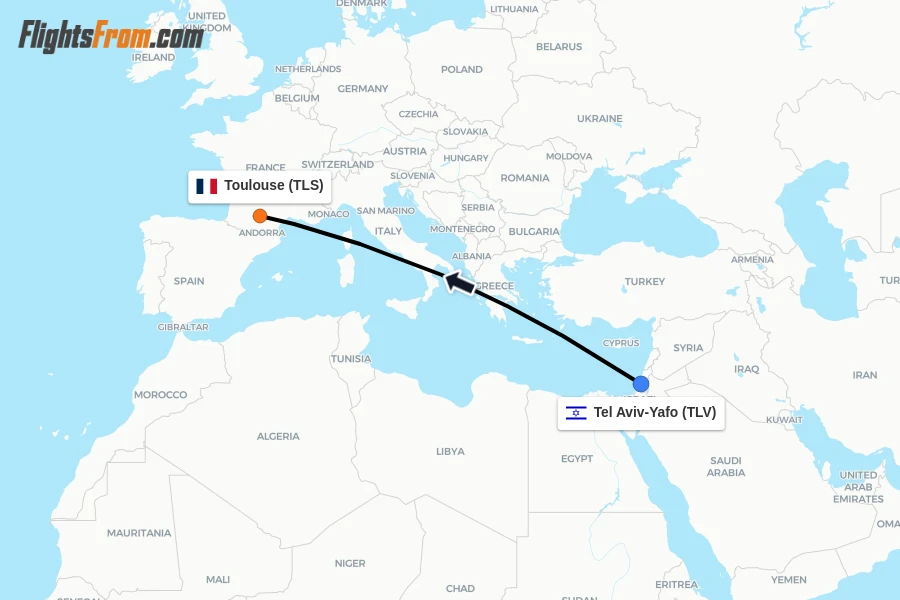 Flights from Tel Aviv-Yafo to Toulouse route map