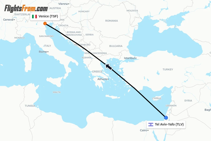 Flights from Tel Aviv-Yafo to Venice route map