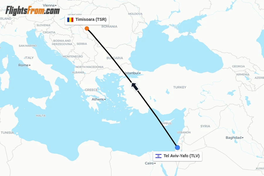 Flights from Tel Aviv-Yafo to Timisoara route map