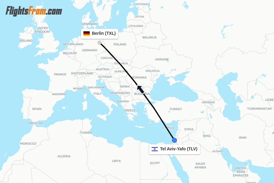 Flights from Tel Aviv-Yafo to Berlin route map