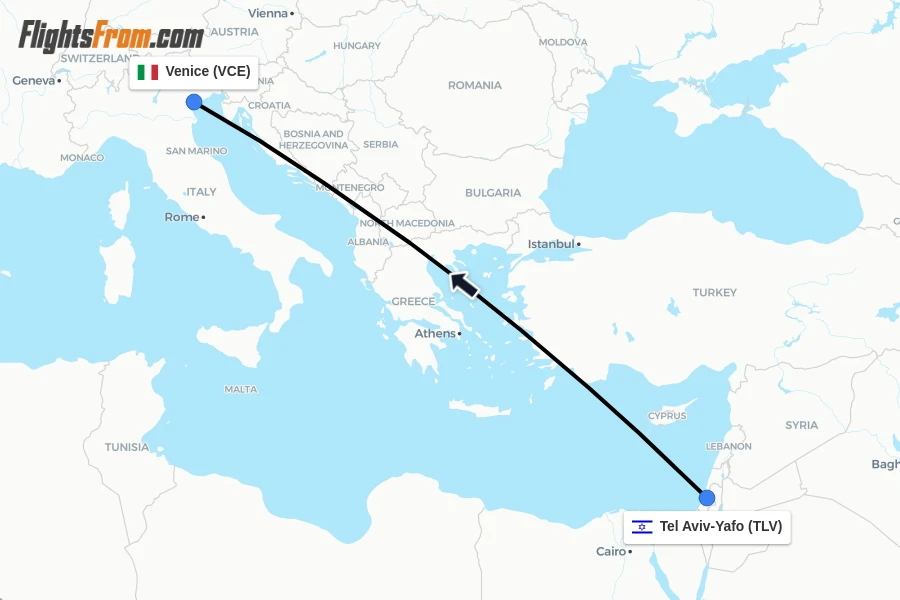 Flights from Tel Aviv-Yafo to Venice route map