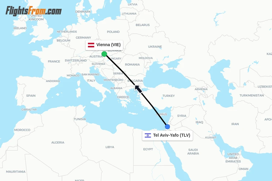 Flights from Tel Aviv-Yafo to Vienna route map