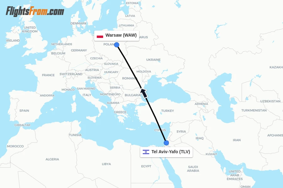 Flights from Tel Aviv-Yafo to Warsaw route map