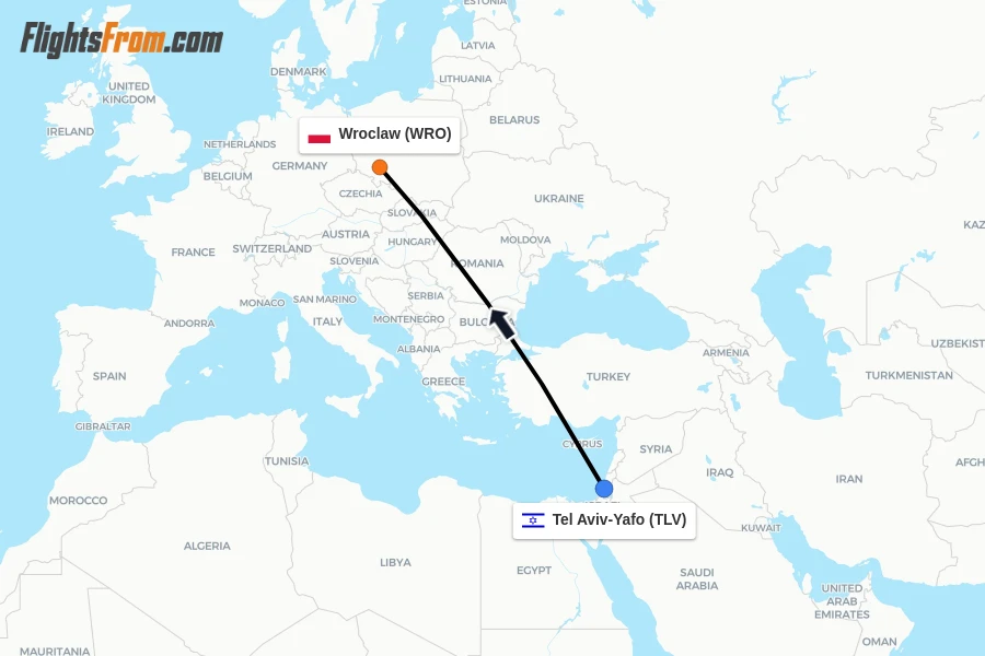Flights from Tel Aviv-Yafo to Wroclaw route map