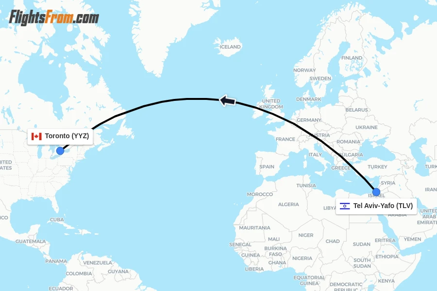 Flights from Tel Aviv-Yafo to Toronto route map