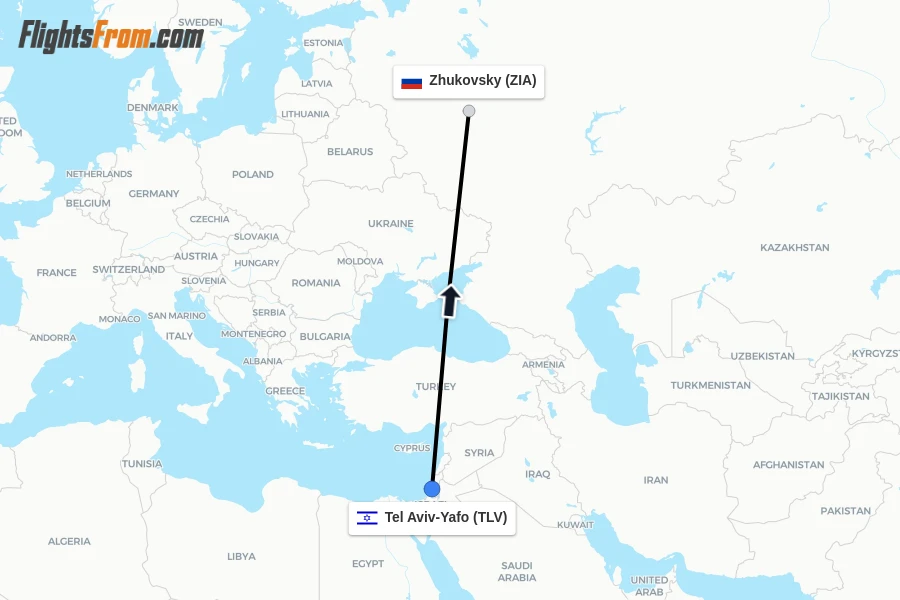 Flights from Tel Aviv-Yafo to Zhukovsky route map