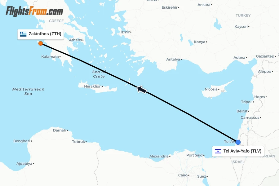 Flights from Tel Aviv-Yafo to Zakinthos route map