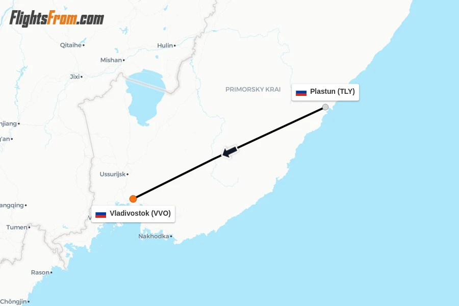 Flights from Plastun to Vladivostok route map