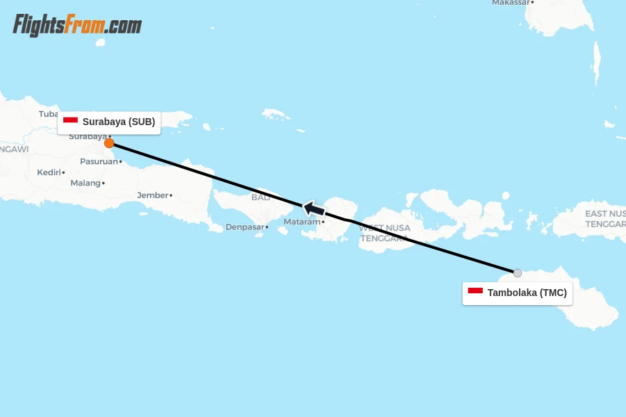 Flights from Tambolaka to Surabaya route map