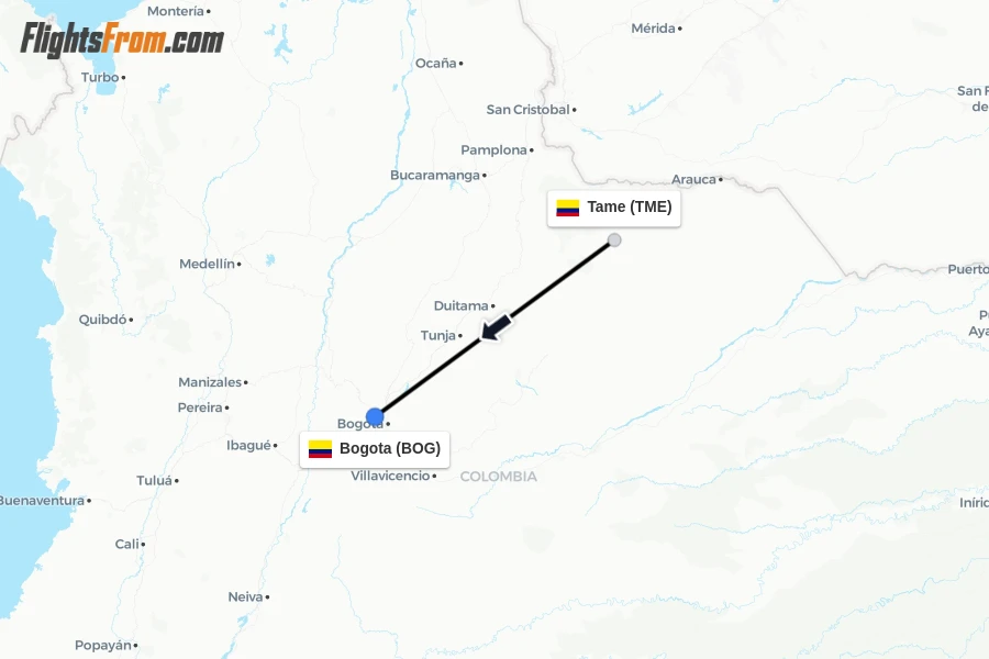 Flights from Tame to Bogota route map