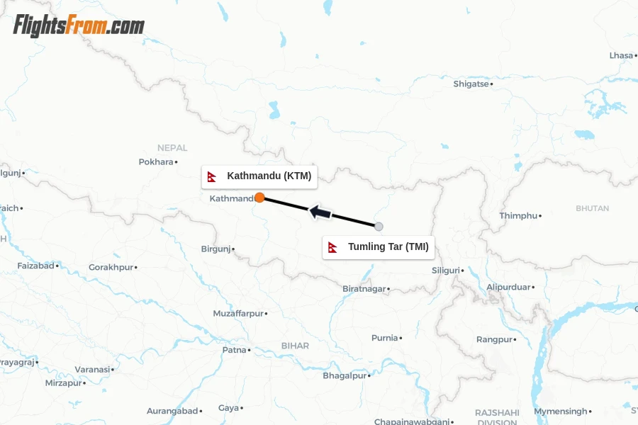 Flights from Tumling Tar to Kathmandu route map