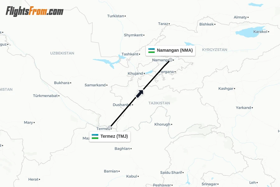 Flights from Termez to Namangan route map