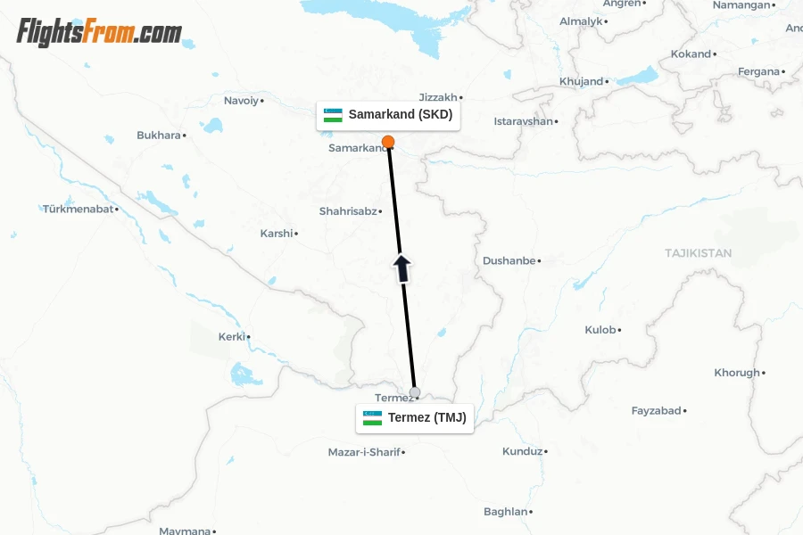 Flights from Termez to Samarkand route map