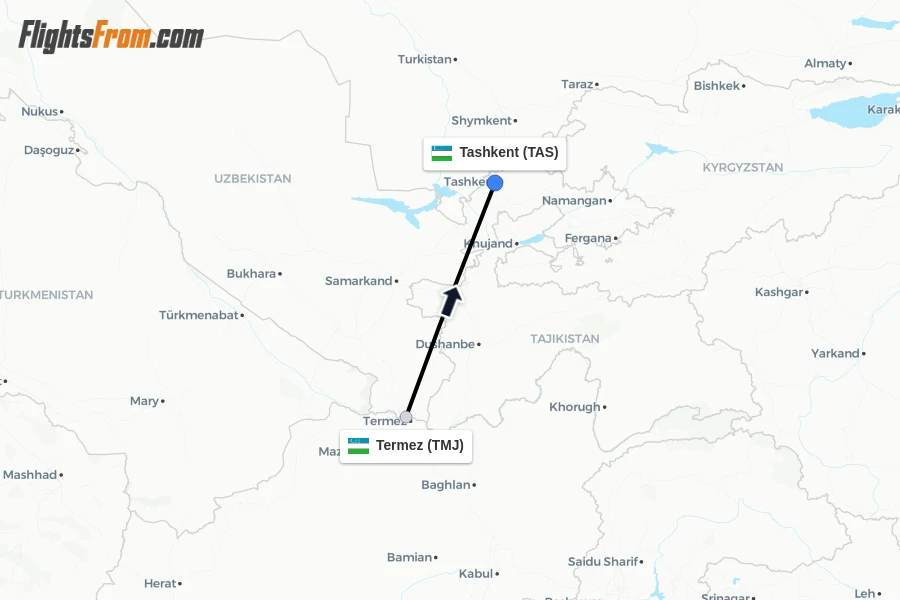 Flights from Termez to Tashkent route map